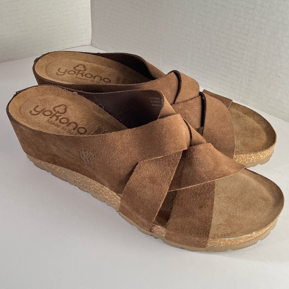 NEW 🐞 Yokono Mora Cross Strap Suede Leather Cork Wedges Heels Sandals 9.5 9